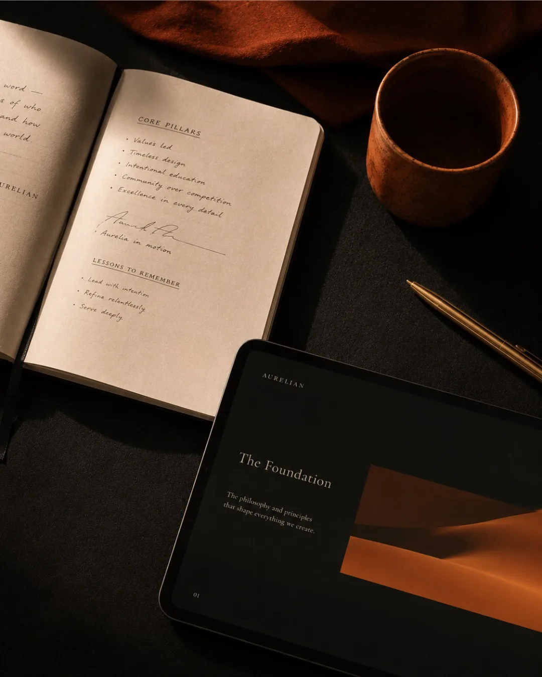 carnet de notes avec les piliers stratégiques d'un audit digital, à côté d'une tablette affichant un diagnostic