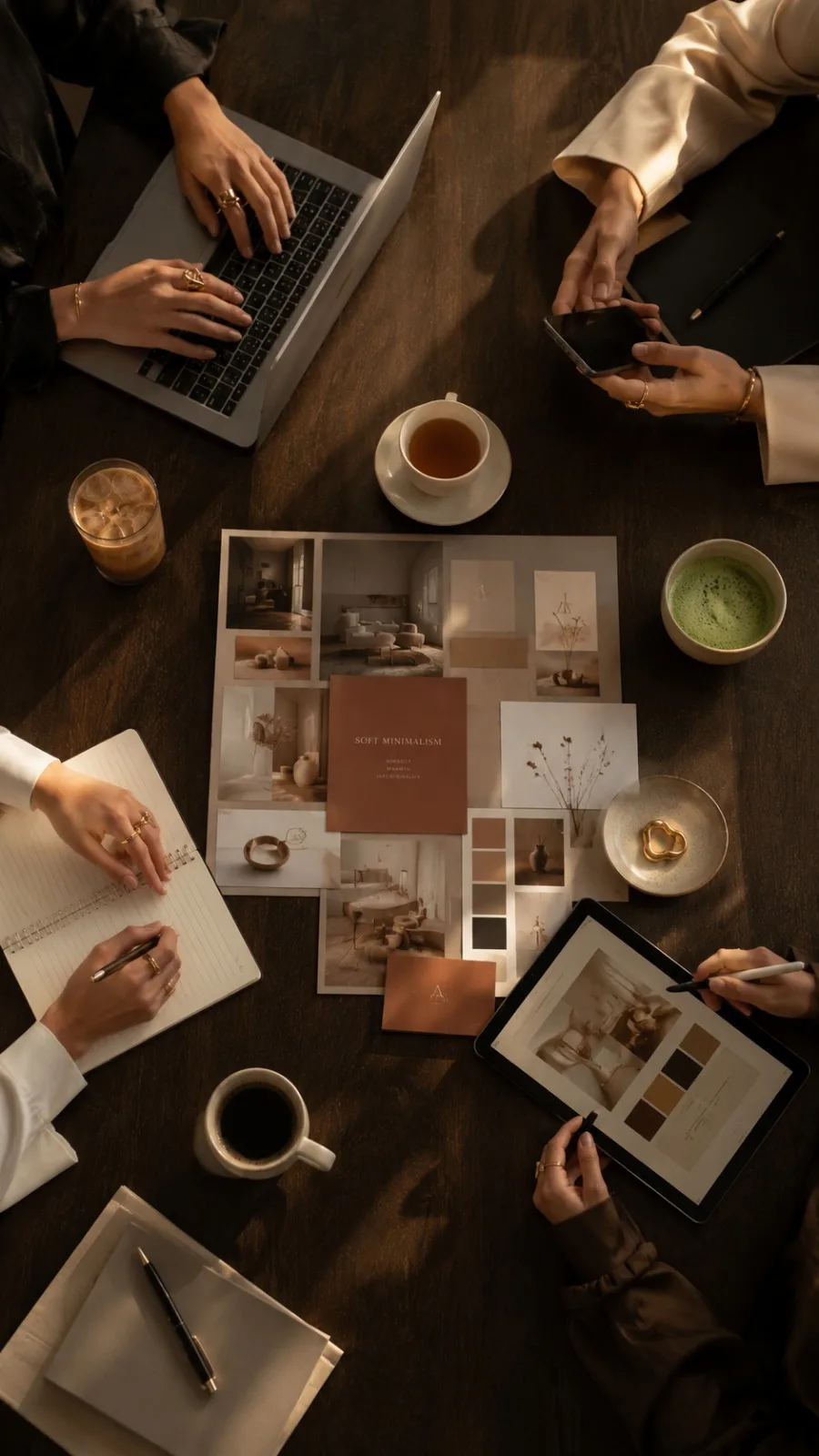 équipe réunie autour d'une table de travail échangeant sur un moodboard client